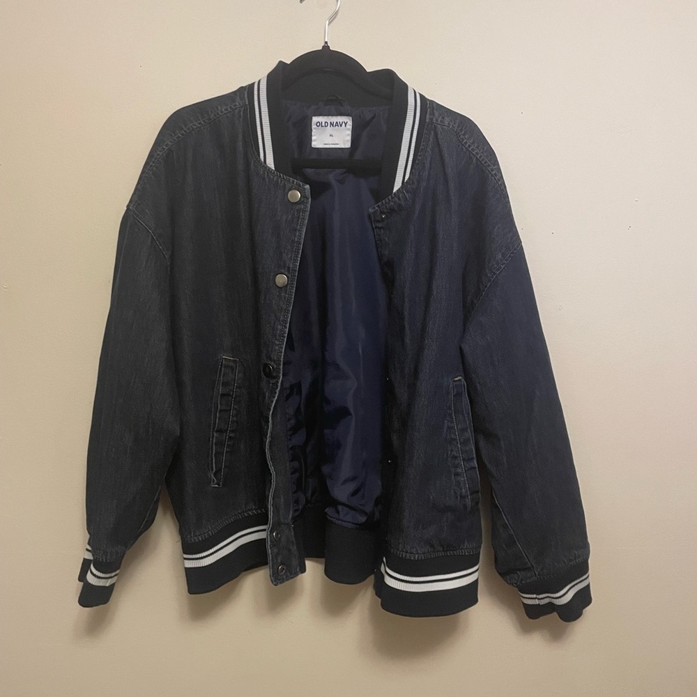 Old Navy Dark Denim Varsity Jacket with Striped Accents